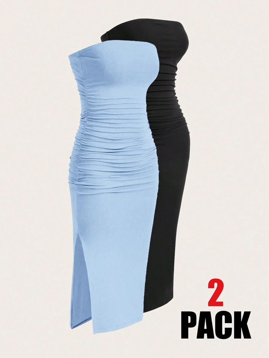 SHEIN EZwear 女式多色褶皱无袖开衩下摆针织连衣裙 - 藍色 - 查看 1