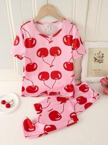 SHEIN Tween Girl Cherry Print Short Sleeve Top & Tight Fit Pants 2 Pieces Loungewear Set