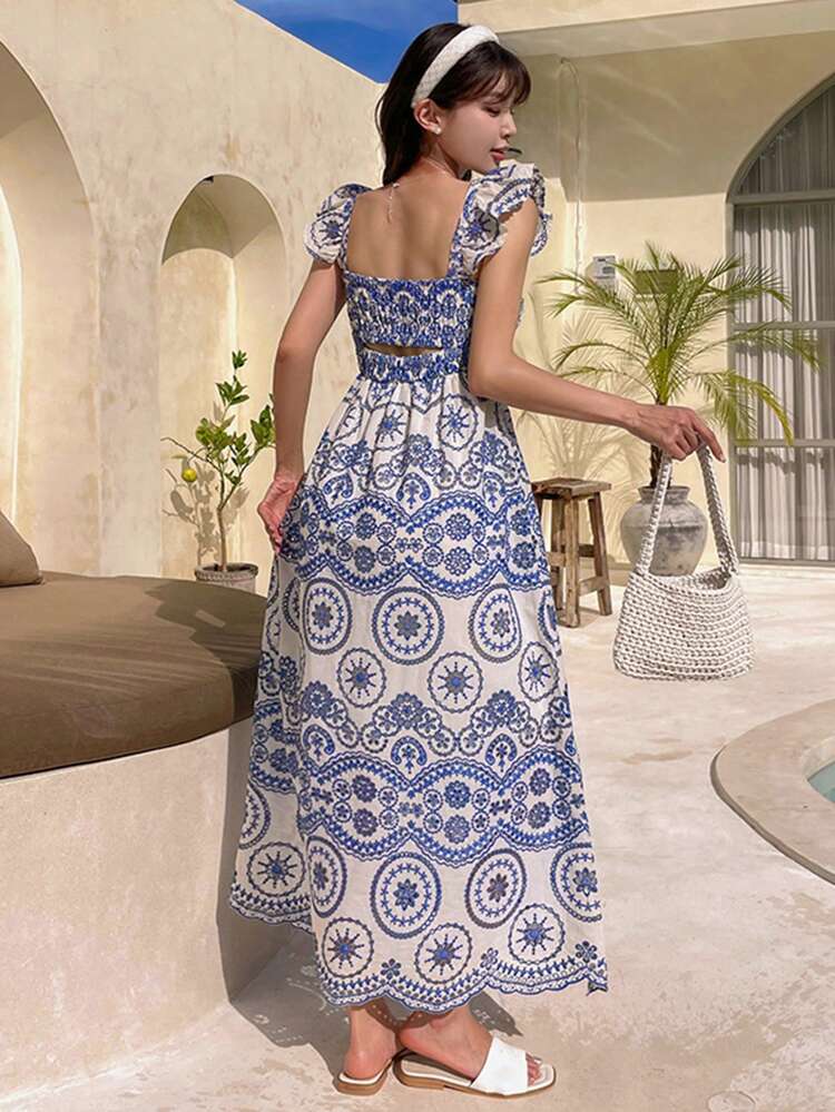 Textured Floral Print Long Beach Dress For Women With Spaghetti Strap, Vacation Style Boho,Milkmaid Dress Maxi Dress