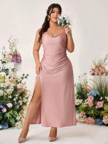 Cravure 大码女式优雅细肩带开衩鱼尾连衣裙，正式晚会礼服 - 淺粉色 - 查看 6