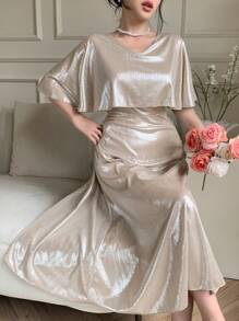 DAZY Elegant Solid Color V-Neck Mid-Length Dress For Wedding Guests, Summer Elegant Sundress,Formal Women Dresses - Apricot - View 8