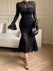 DAZY Vestido elegante de manga campana con estampado floral de longitud media para mujer, elegante, con volantes, vestido de manga larga para otoño - Negro - Ver 3