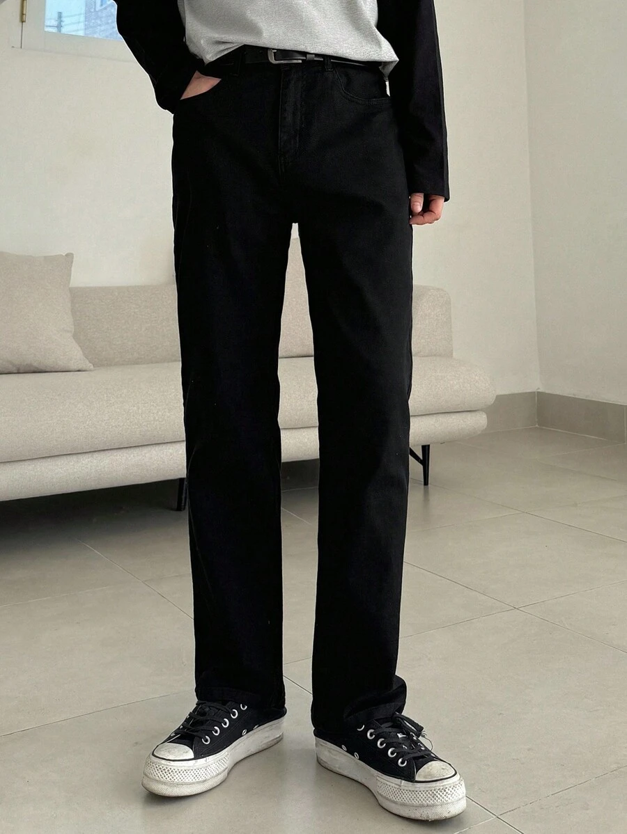 DAZY Jeans noirs unicolore décontractés pour hommes, mode minimaliste pour le port quotidien en tenue d'affaires pour l'automne - Noir - Voir 1