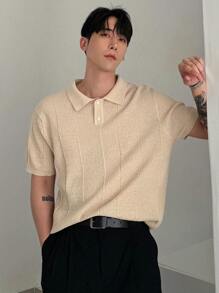 SHEIN X Scheana DAZY Men's Short Sleeve Half-Placket Ribbed Knitted Top, Khaki, Summer,Back To School Clothes - Khaki - View 6