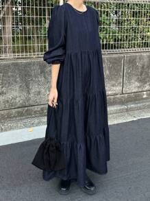 FRIFUL 女式长款深色水洗泡泡袖牛仔连衣裙，秋季服装 - 深色水洗藍 - 查看 4