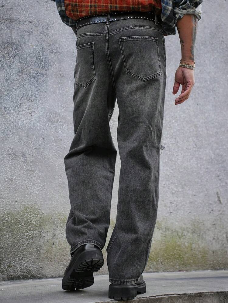 Solid Color Distressed Men's Ripped Jeans, Autumn