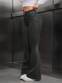 SHEIN Tall 女式口袋喇叭腿休闲百搭牛仔裤 - 黑色 - 查看 5