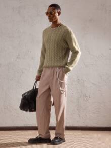 AKNOTIC Business Casual Áo len dệt kim cáp dáng rộng, cổ tròn màu mơ cho nam, thích hợp mặc hàng ngày, cho mùa thu đông - Màu be - Xem 5