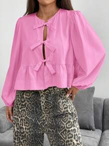 SHEIN EZwear 女士粉色编织灯笼袖蝴蝶结前襟衬衫