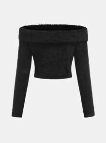 SHEIN Girlism Teen Girl's 2pcs/Set /Double Sided Velvet/One Shoulder Long Sleeves And Skirts - Black - View 3