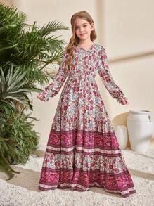 SHEIN Leap Crew Tween Girls Loose V-Neck Long Sleeve Ruffle Cuff Print Long Dress - Apricot - View 7