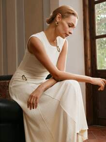 Anewsta Elaire 女士圆领无袖金属纽扣高弹力针织长裙老款 - 杏色 - 查看 5