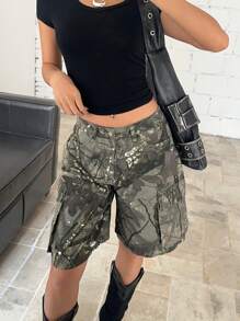 SHEIN EZwear Women's Loose Fit Denim Shorts, Wide Leg Cargo Cropped Trousers - Multicolor - View 6