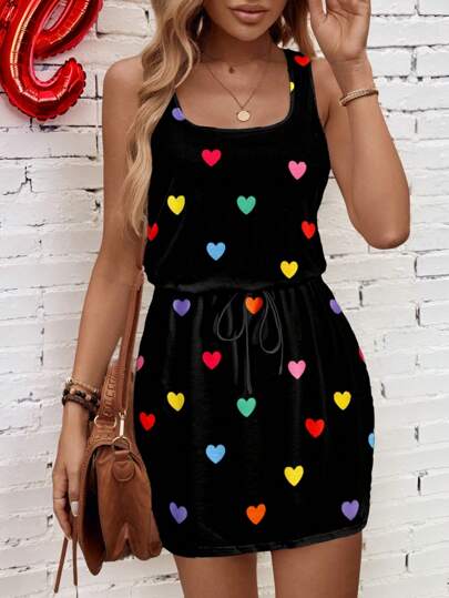 SHEIN LUNE Women's Cute Mini Dress With Colorful Heart Print, Casual Summer Vacation Dress,Vacation Outfits Woman Chic Dress
