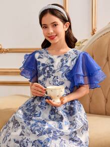 Vestido elegante de fiesta con diseño de parche de jacquard y volantes en el ruedo para niñas preadolescentes - Azul - Ver 3