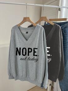 SHEIN LUNE 2pcs Plus Size V-Neck Loose "NOPE" Letter Print Sweatshirt, Suitable For Autumn/Winter