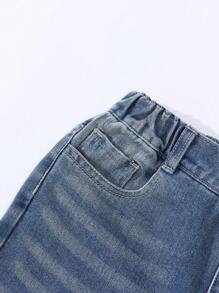 SHEIN Denimly Tween Băieți Casual Zilnic Urban Street Set 2 buc: Culoare contrastantă Umăr cădere Tricou supradimensionat și talie elastică Blugi largi, rupti, vintage