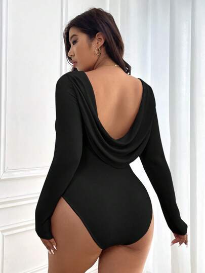 SHEIN Frenchy Plus Size Backless Draped Bodysuit Black Long Sleeve