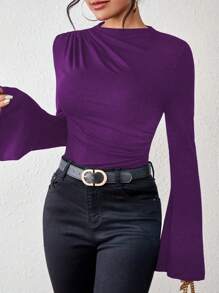 Chiquease 女士纯色长袖修身休闲日常 T 恤，简约风格 - 紫色 - 查看 1