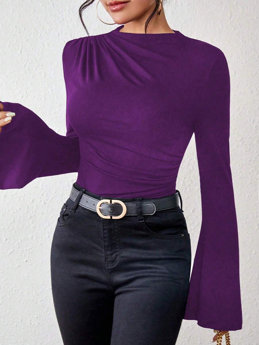Chiquease 女士纯色长袖修身休闲日常 T 恤，简约风格 - 紫色 - 查看 1