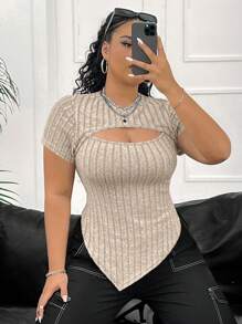 SHEIN EZwear Women Plus Size Solid Color Hollow-Out Short Sleeve Ribbed T-Shirt - Apricot - View 1