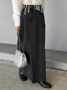 FRIFUL 女士灰色高腰直筒不对称牛仔裙，性感牛仔半身裙，秋冬季 - 深灰色 - 查看 2