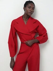 Lumivelle Women's Red Stand Collar Lantern Sleeve Suit Set - Red - View 3