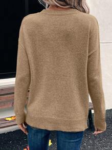 EMERY ROSE Suéter casual de cuello redondo de manga larga con detalle gráfico para mujeres - Caqui - Ver 2