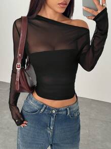 EgrlEra 女式黑色网眼透明褶皱修身长袖短款上衣，时尚简约休闲优雅性感设计，适合度假、街头装、日常穿着、春夏 - 黑色 - 查看 3