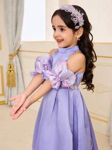 SHEIN Young Girls Baby Purple Floral Jacquard Open Shoulder A-Line Dress,Summer Birthday Parties,Family Gatherings And Outings Dress For Young Girl - Dusty Purple - View 4