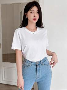 DAZY 休闲纯色蕾丝拼接宽松女式 T 恤 - 白色 - 查看 4