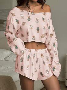 SHEIN EZwear 女士休闲可爱熊图案露肩短款运动衫和宽松短裤家居服套装 - 粉色 - 查看 6