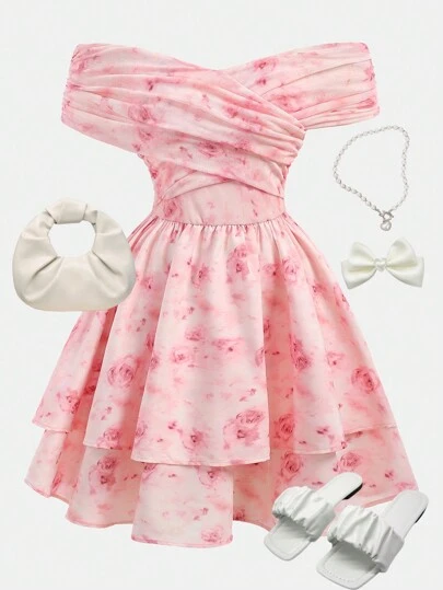 SHEIN Girlism Teen Girls Pink Off Shoulder Crossover Ruched Waist A-Line Layered Ruffle Ditsy Floral Mesh Dress, For Casual Outing And Party, Cute, Fresh, Vacation, Elegant, Spring/Summer Graduation Dress