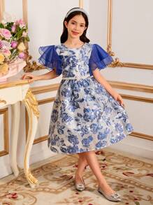 Vestido elegante de fiesta con diseño de parche de jacquard y volantes en el ruedo para niñas preadolescentes - Azul - Ver 1