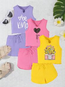SHEIN 6件套年轻女孩百搭罗纹心形、字母、相机和花卉印花背心+休闲短裤套装，夏季