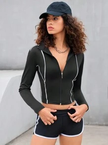 Gameset SHEIN Sport 女士前拉链长袖修身黑色运动卫衣 - 黑色 - 查看 1