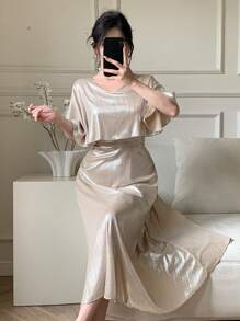 DAZY Elegant Solid Color V-Neck Mid-Length Dress For Wedding Guests, Summer Elegant Sundress,Formal Women Dresses - Apricot - View 3
