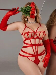 Plus Size Valentine's Day Gift, Binding Restriction Slimming Cutout Bow Underwire Uplifting Hollowed-Out Criss-Cross Red Adjustable Lingerie