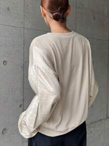 FRIFUL 女式卡其色宽松圆领拼布纹理 T 恤，春季