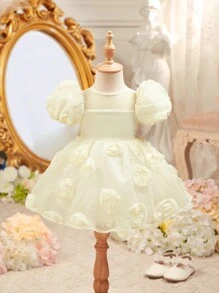 SHEIN Babygirl Summer Cute Beige Organza Floral Dress - Beige - View 1