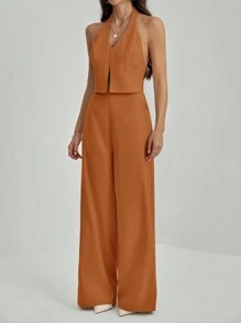 SHEIN Tall Áo thun hở lưng cổ chữ V không tay + quần ống rộng, bộ đồ bó và dài cho nữ công sở - màu nâu - Xem 7