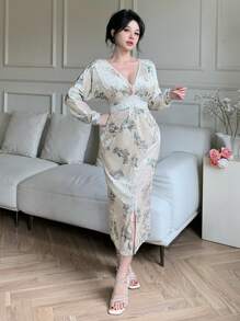 DAZY Vestido de mujer de cuello en V profundo con estampado floral de longitud media para fiesta, vestido de otoño de manga larga, vestido elegante para mujer - Beis - Ver 4