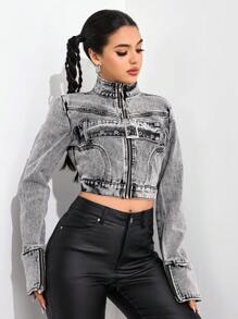 SHEIN EZwear 女士休闲水洗立领短款牛仔夹克 - 淺灰色 - 查看 5