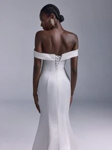 SHEIN Belle Vestido Longo Elegante e Luxuoso de Cetim Creme Franzido com Cauda de Sereia, Adequado para Casamentos, Festas, Feriados, Galas e Eventos Formais - Bege - Visão 6