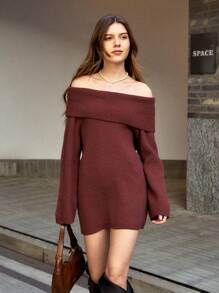 INAWLY Women's Solid Color Off-Shoulder Long Sleeve Loose Casual Knitted Sweater Dress, Autumn/Winter Fall Cloth For Women