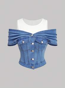SHEIN MOD 女士牛仔蓝色露肩紧身弹力上衣 - 淺色水洗藍 - 查看 1
