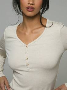 Musera Sport Button Front V-Neck Long Sleeve Top , Padel, Tennis, Pickleball Gym Fitness - Apricot - View 5