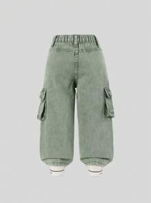 SHEIN Pantalones de carga de mezclilla con pierna recta de estilo casual retro para niña joven