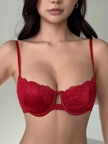 DAZY 蕾丝无垫无钢圈轻薄文胸，半透明性感女士内衣 - 紅色 - 查看 8