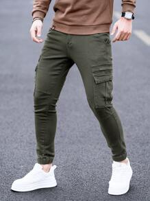 Manfinity Homme Men's Cargo Pocket Denim Skinny Fit Jogger Pants - Dark Green - View 1